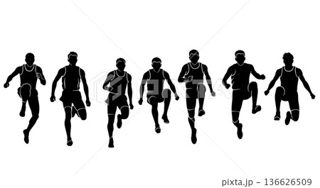 Black Solid Long Jump Proper Knee Drive Silhouettes Set of Six on White Background 136626509