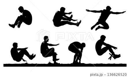 Black Solid Long Jump Sand Pit Practice Silhouettes Set of Six on White Background 136626520