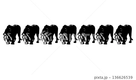 Black Solid Looking Down Lion Silhouettes Set of Six on White Background 136626539