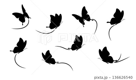 Black Solid Looping Butterfly Flight Silhouettes Set of Six on White Background 136626540