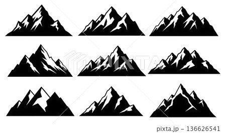 Black Solid Low Angle Mountain Silhouettes Set of Six on White Background 136626541