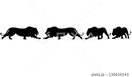 Black Solid Low Crawl Lion Silhouettes Set of Six on White Background 136626543