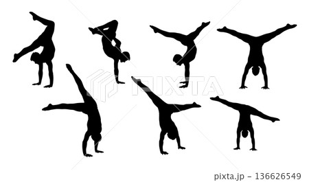 Black Solid Male Gymnast Powerful Handstands Silhouettes Set of Six on White Background Black Solid Male Gymnast Powerful Handstands Silhouettes Set of Six on White Background 136626549