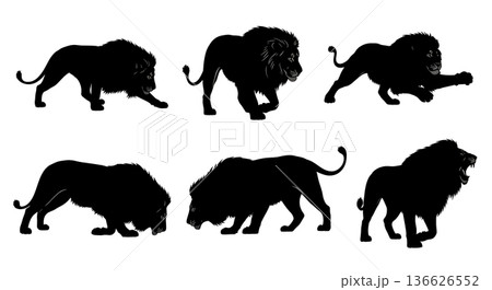 Black Solid Male Lion Hunting Silhouettes Set of Six on White Background 136626552