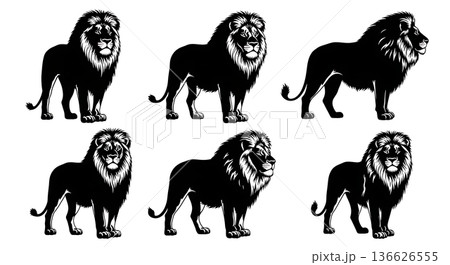 Black Solid Maned Lion Silhouettes Set of Six on White Background 136626555