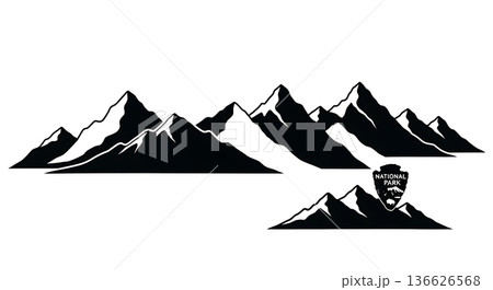 Black Solid National Park Mountain Silhouettes Set of Six on White Background 136626568