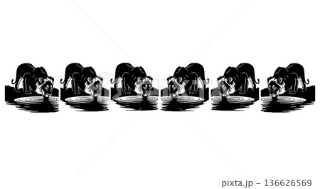 Black Solid Natural Spring Lion Silhouettes Set of Six on White Background 136626569