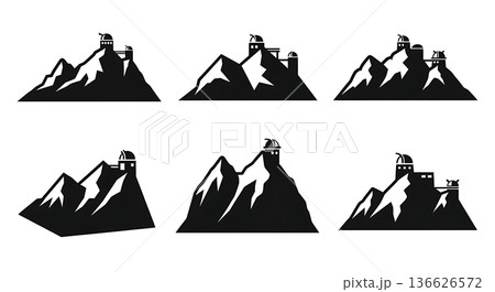 Black Solid Observatory Mountain Silhouettes Set of Six on White Background 136626572