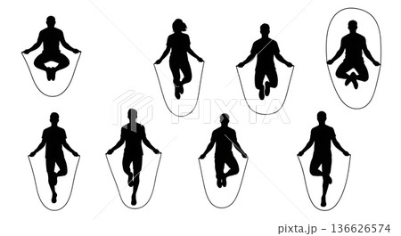 Black Solid One Leg Jump Rope Silhouettes Set of Six on White Background Black Solid One Leg Jump Rope Silhouettes Set of Six on White Background 136626574