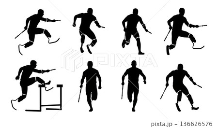Black Solid Para-Hurdle Prosthetics Silhouettes Set of Six on White Background Black Solid Para-Hurdle Prosthetics Silhouettes Set of Six on White Background 136626576