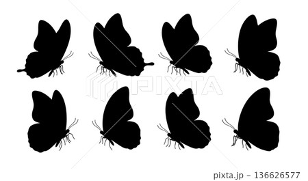 Black Solid Partially Closed Butterfly Silhouettes Set of Six on White Background 136626577