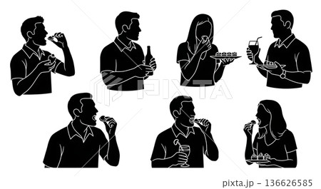Black Solid Party Snacks Appetizers Silhouettes Set of Six on White Background 136626585