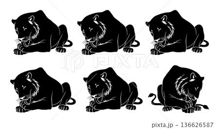 Black Solid Paw Cleaning Lion Silhouettes Set of Six on White Background 136626587