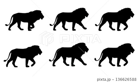 Black Solid Paw Raised Lion Silhouettes Set of Six on White Background 136626588