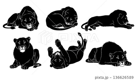 Black Solid Peaceful Rest Lion Silhouettes Set of Six on White Background 136626589