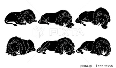 Black Solid Peaceful Slumber Lion Silhouettes Set of Six on White Background 136626590