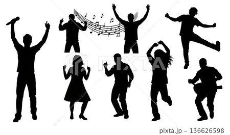 Black Solid People Music and Dancing Silhouettes Set of Six on White Background Black Solid People Music and Dancing Silhouettes Set of Six on White Background 136626598