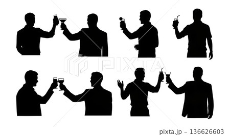 Black Solid People Toasting with Drinks Silhouettes Set of Six on White Background 136626603