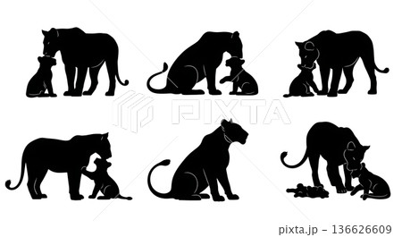 Black Solid Lioness with Playful Cub Silhouettes Set of Six on White Background 136626609