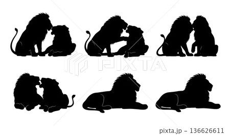 Black Solid Playful Mate Lion Silhouettes Set of Six on White Background 136626611