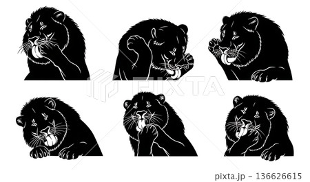 Black Solid Post-Feast Groom Lion Silhouettes Set of Six on White Background 136626615