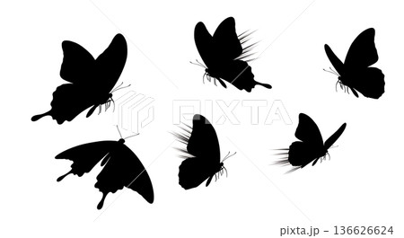 Black Solid Predator Evasion Butterfly Silhouettes Set of Six on White Background 136626624