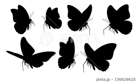 Black Solid Proboscis Length Butterfly Silhouettes Set of Six on White Background 136626628