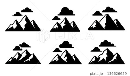 Black Solid Prominent Cloud Mountain Silhouettes Set of Six on White Background Black Solid Prominent Cloud Mountain Silhouettes Set of Six on White Background 136626629