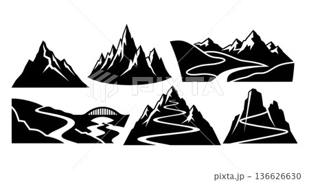 Black Solid Prominent Rock Mountain Silhouettes Set of Six on White Background Black Solid Prominent Rock Mountain Silhouettes Set of Six on White Background 136626630