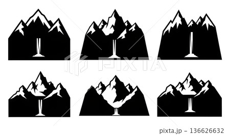 Black Solid Prominent Waterfall Mountain Silhouettes Set of Six on White Background Black Solid Prominent Waterfall Mountain Silhouettes Set of Six on White Background 136626632