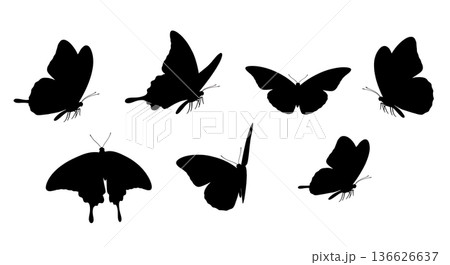 Black Solid Purposeful Flight Butterfly Silhouettes Set of Six on White Background 136626637