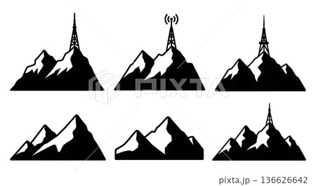 Black Solid Radio Tower Mountain Silhouettes Set of Six on White Background 136626642