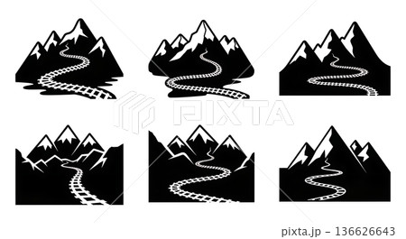 Black Solid Railway Mountain Silhouettes Set of Six on White Background 136626643