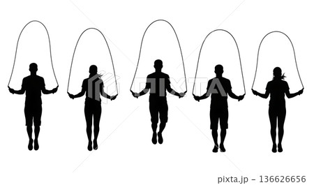 Black Solid Rhythm Focus Jump Rope Silhouettes Set of Six on White Background 136626656