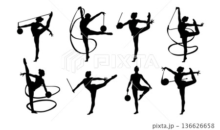 Black Solid Rhythmic Gymnast with Props Silhouettes Set of Six on White Background 136626658