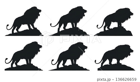Black Solid Ridge Roar Lion Silhouettes Set of Six on White Background 136626659
