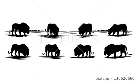 Black Solid River Approach Lion Silhouettes Set of Six on White Background 136626660