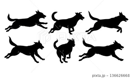 Black Solid Running Dog Strides Silhouettes Set of Six on White Background Black Solid Running Dog Strides Silhouettes Set of Six on White Background 136626668