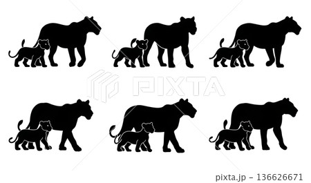 Black Solid Lioness Leading Cubs to Safety Silhouettes Set of Six on White Background 136626671