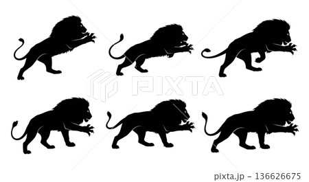 Black Solid Scratching Mark Lion Silhouettes Set of Six on White Background 136626675