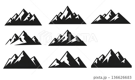 Black Solid Single Peak Mountain Silhouettes Set of Six on White Background 136626683