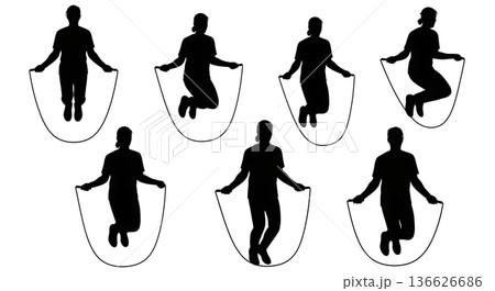 Black Solid Skip Step Jump Rope Silhouettes Set of Six on White Background 136626686