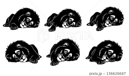 Black Solid Sleeping Lion Silhouettes Set of Six on White Background 136626687