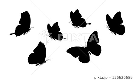Black Solid Slow Deliberate Butterfly Silhouettes Set of Six on White Background 136626689