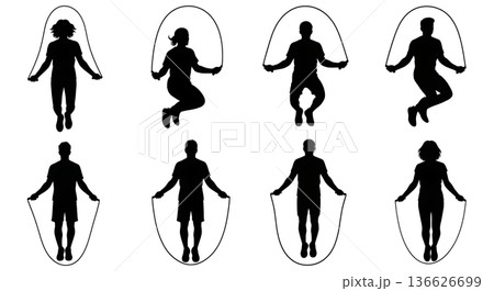 Black Solid Speed and Coordination Jump Rope Silhouettes Set of Six on White Background 136626699