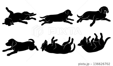 Black Solid Sprawling Dog Forms Silhouettes Set of Six on White Background 136626702