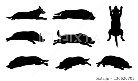 Black Solid Sprawling Dog Forms Relaxed Silhouettes Set of Six on White Background 136626703