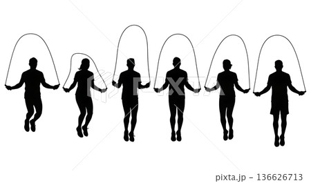 Black Solid Sprint Jump Rope Silhouettes Set of Six on White Background 136626713