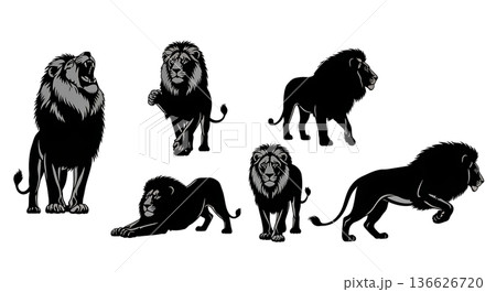 Black Solid Standing Lion Silhouettes Set of Six on White Background 136626720