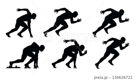 Black Solid Standing Start Stances Silhouettes Set of Six on White Background Black Solid Standing Start Stances Silhouettes Set of Six on White Background 136626721